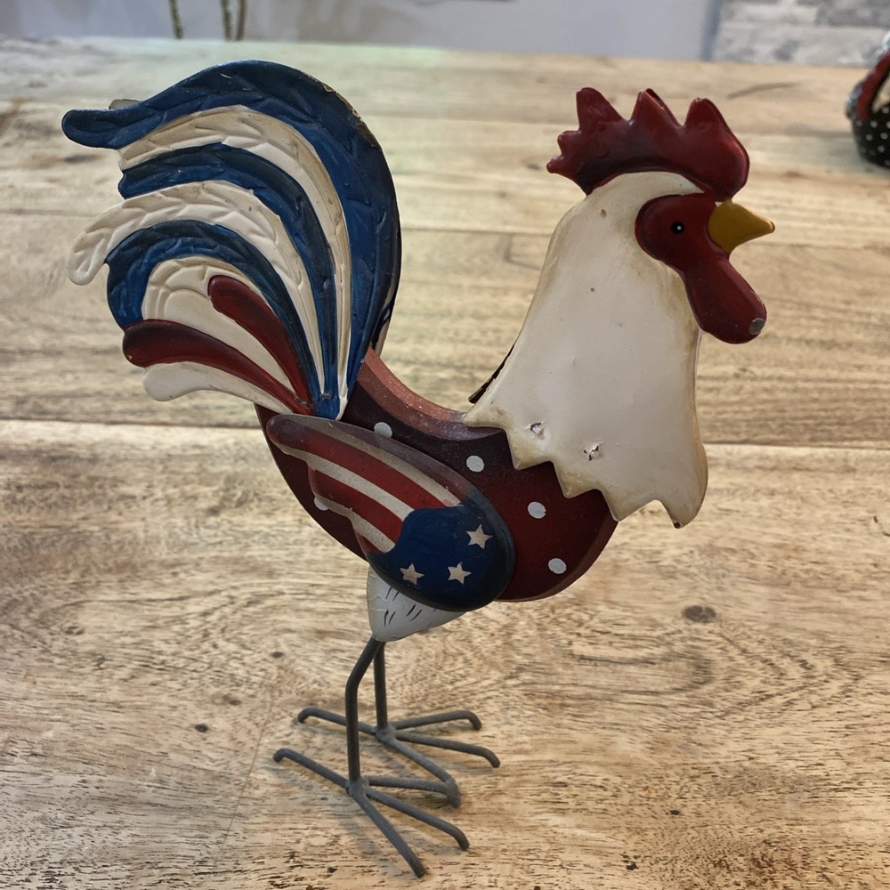 American Patriotic Metal Rooster Figure 9" July 4th Farmhouse Decor Red White Bl